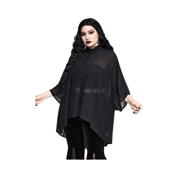 Black Batwing Sleeve Chiffon Button Down Ruffle Neck Goth 14/1XL - Picture 5 of 9